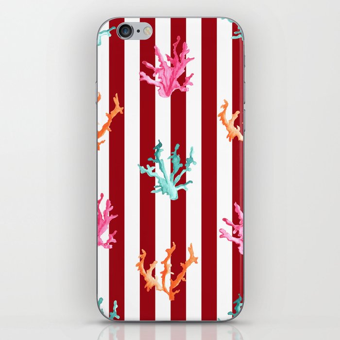 Colorful Coral Reef on Red Stripes iPhone Skin