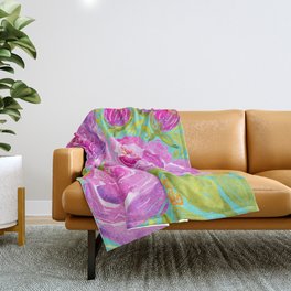 Watercolor Florals - Magenta + Violet Peonies On Turquoise Throw Blanket