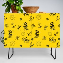 Yellow And Black Silhouettes Of Vintage Nautical Pattern Credenza
