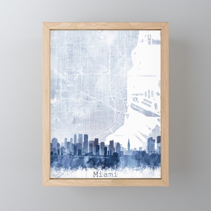 Miami Skyline & Map Watercolor Navy Blue, Print by Zouzounio Art Framed Mini Art Print