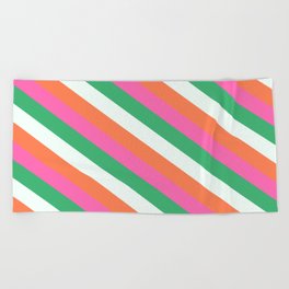 [ Thumbnail: Mint Cream, Coral, Hot Pink, and Sea Green Colored Lined Pattern Beach Towel ]