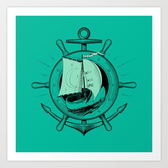 Anchor Wheel & Wooden Sailer Art Print