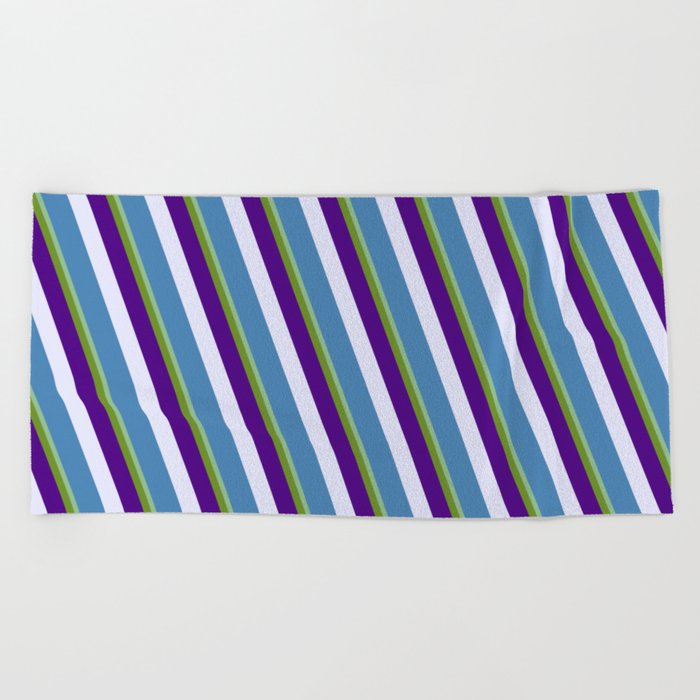 Vibrant Dark Sea Green, Green, Indigo, Lavender, and Blue Colored Pattern of Stripes Beach Towel