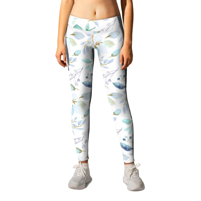 Watercolor Gold Blue Feathers Collection Leggings
