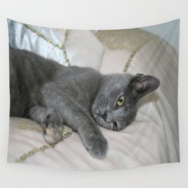 Russian Blue Kitten Relaxed On A Bed Wall Tapestry