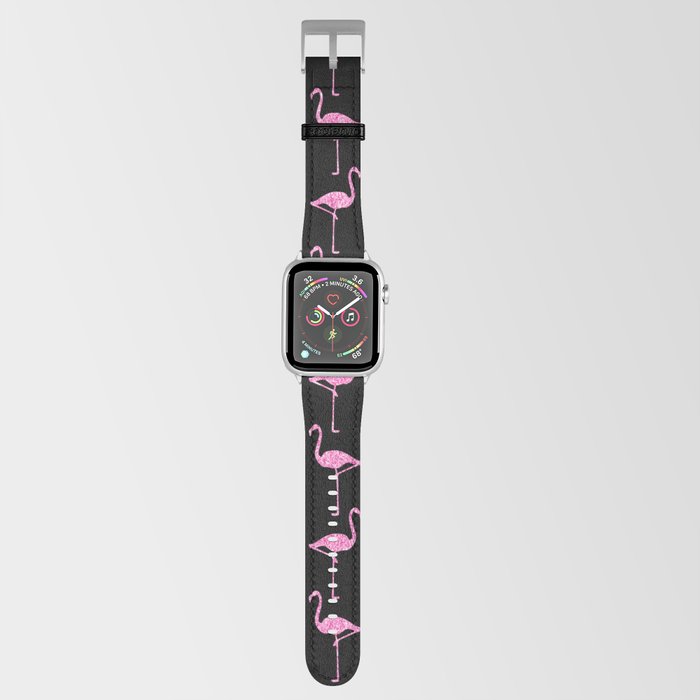 Pink Glitter Flamingo Pattern Black Background Apple Watch Band