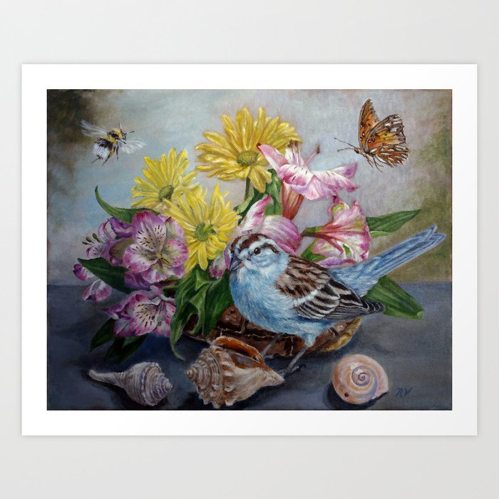 Floral still life with sparrow, bumble bee, butterfly, and sea shells Art Print