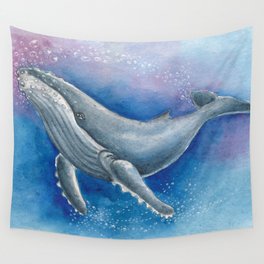 Humpback Whale and Bubbles Watercolor Ink Wall Tapestry