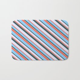 [ Thumbnail: Red, Light Sky Blue, Dark Slate Gray, and Lavender Colored Pattern of Stripes Bath Mat ]