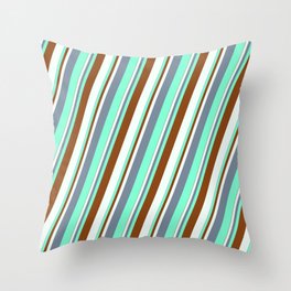[ Thumbnail: Light Slate Gray, Aquamarine, Brown & Mint Cream Colored Stripes/Lines Pattern Throw Pillow ]