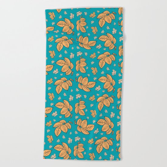 HAPPY LEAVES ON TURQUOISE (abstract tropical flowers) Beach Towel