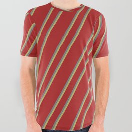 [ Thumbnail: Red, Gray, and Dark Khaki Colored Striped Pattern All Over Graphic Tee ]