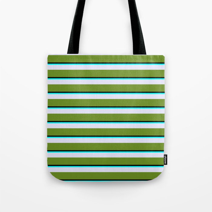 Black, Aqua, Lavender & Green Colored Stripes Pattern Tote Bag