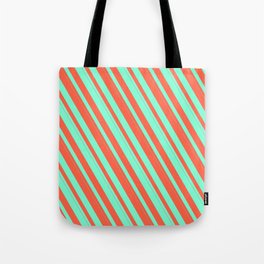 [ Thumbnail: Red & Aquamarine Colored Stripes Pattern Tote Bag ]