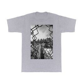 Views of New York City | Skyline and Brooklyn Bridge Through the Fence | Black and White T Shirt