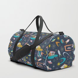 Mid Century Architecture in Space - Retro design in pastels on Navy by Cecca Designs Duffle Bag
