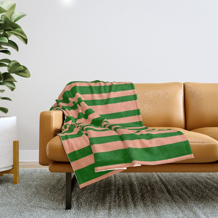 Dark Green & Light Salmon Colored Striped/Lined Pattern Throw Blanket