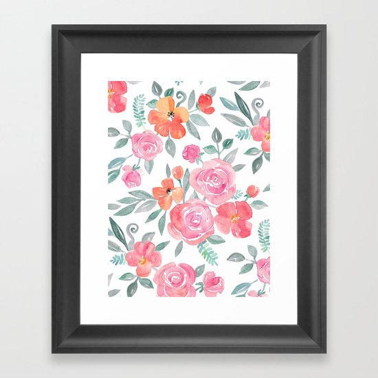 Amelia Floral in Pink and Peach Watercolor Framed Art Print