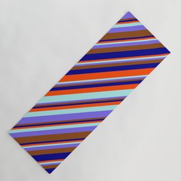 [ Thumbnail: Red, Turquoise, Medium Slate Blue, Brown & Dark Blue Colored Striped/Lined Pattern Yoga Mat ]