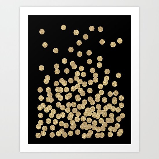 Gold glitter dots scattered on black background Art Print