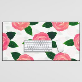 Pink Roses Floral Painting White Design Desk Mat