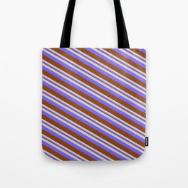 [ Thumbnail: Light Gray, Medium Slate Blue & Brown Colored Pattern of Stripes Tote Bag ]