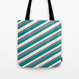 [ Thumbnail: Beige, Slate Gray, and Teal Colored Lined/Striped Pattern Tote Bag ]