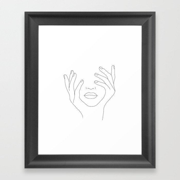 Minimal Line Art Woman with Hands on Face Framed Art Print