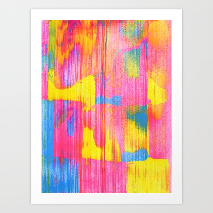 Seek Joy, Hot Pink Abstract Smear Painting with Yellow and Blue Art Print
