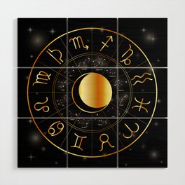 Zodiac astrology wheel Golden astrological signs with moon and stars Wood Wall Art
