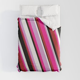 [ Thumbnail: Eyecatching Plum, Deep Pink, Red, Black & White Colored Lined/Striped Pattern Duvet Cover ]