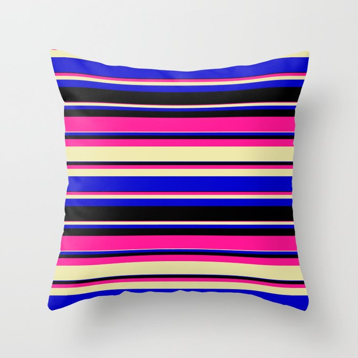 Deep Pink, Pale Goldenrod, Blue, and Black Colored Striped/Lined Pattern Throw Pillow