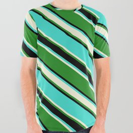 [ Thumbnail: Turquoise, Beige, Forest Green, and Black Colored Lined Pattern All Over Graphic Tee ]
