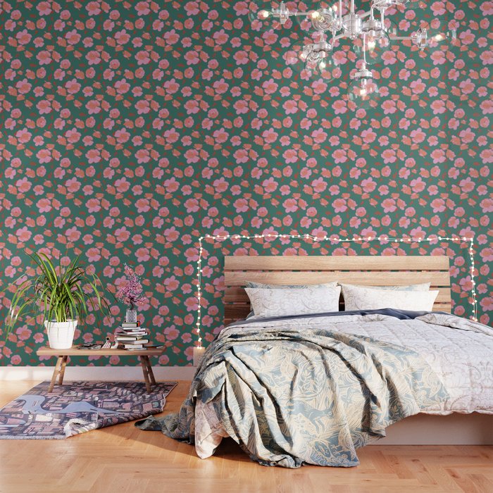 English Roses in Pink and Green Wallpaper