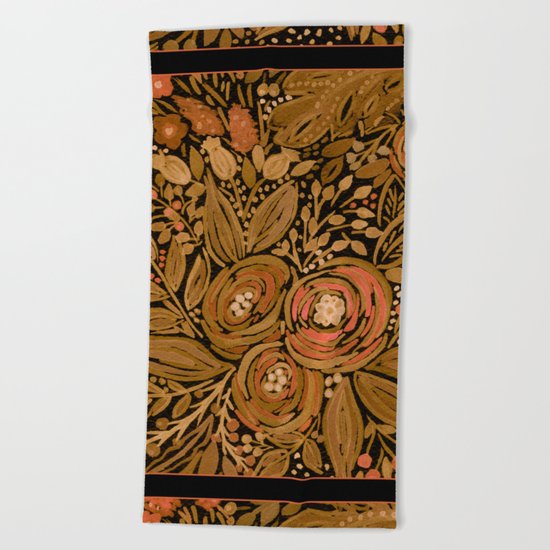 Watercolor . Black brown floral pattern . Beach Towel