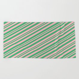 [ Thumbnail: Light Pink & Sea Green Colored Lined Pattern Beach Towel ]