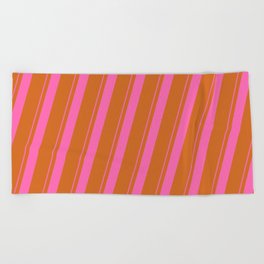 [ Thumbnail: Hot Pink and Chocolate Colored Striped/Lined Pattern Beach Towel ]