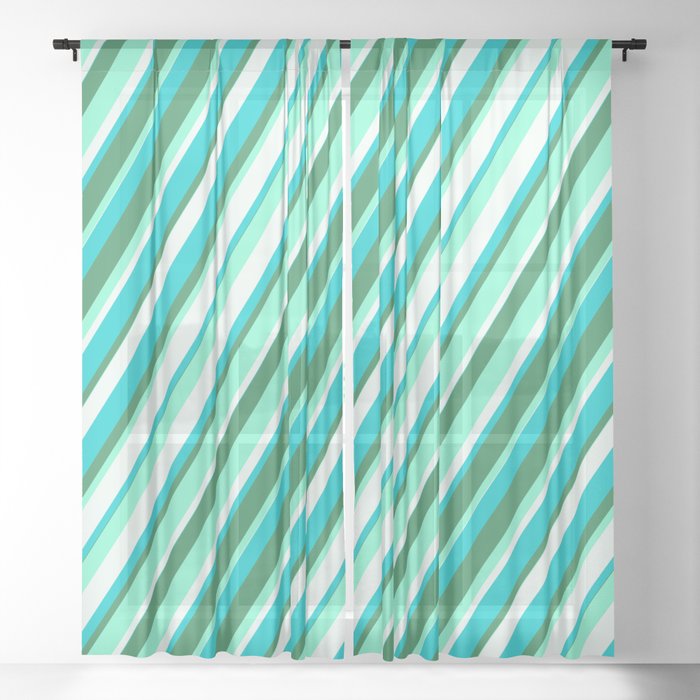 Dark Turquoise, Sea Green, Aquamarine, and Mint Cream Colored Striped/Lined Pattern Sheer Curtain
