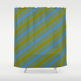 [ Thumbnail: Blue and Green Colored Striped Pattern Shower Curtain ]