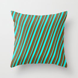 [ Thumbnail: Aqua and Brown Colored Lined/Striped Pattern Throw Pillow ]