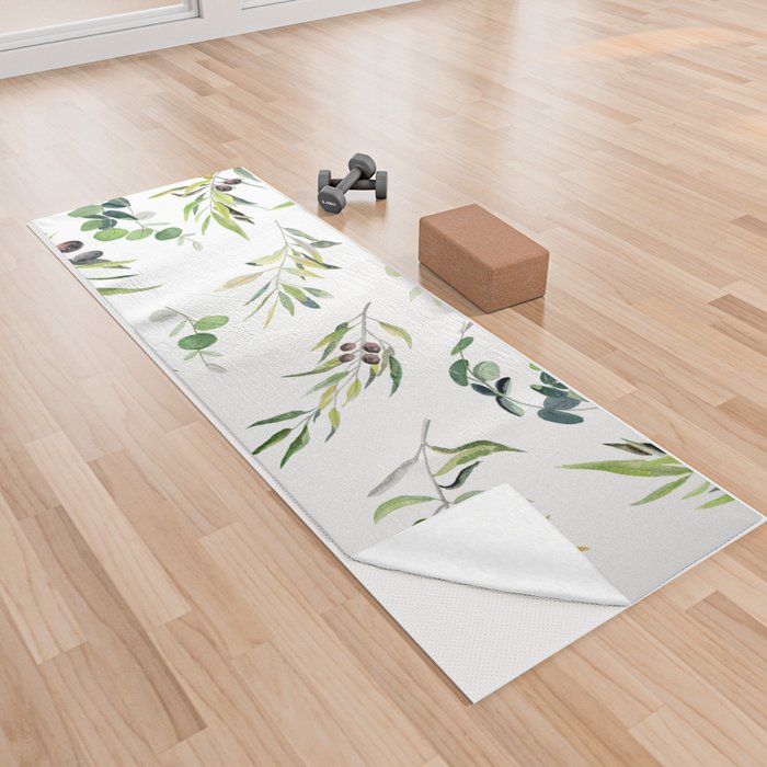 Eucalyptus and Olive on White Background  Yoga Towel