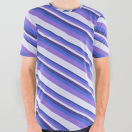 [ Thumbnail: Dark Slate Blue, Royal Blue, Purple, and Lavender Colored Striped/Lined Pattern All Over Graphic Tee ]