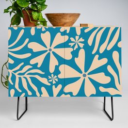 Groovy Flowers and Leaves in Peach and Celadon Blue Credenza