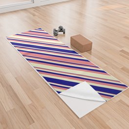 [ Thumbnail: Light Coral, Light Yellow, and Blue Colored Lined/Striped Pattern Yoga Towel ]