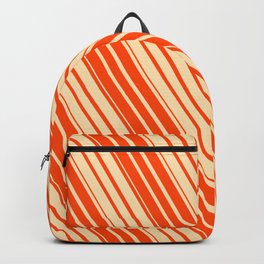 [ Thumbnail: Beige and Red Colored Striped Pattern Backpack ]