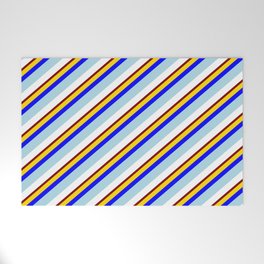 [ Thumbnail: Eye-catching Yellow, Blue, Light Blue, White & Maroon Colored Lines Pattern Welcome Mat ]