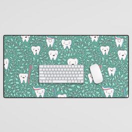 fun teeth pattern Desk Mat | Teeth, Toothbrush, Red, Fun, White, Toothpaste, Happy, Smiling, Leaves, Blue 