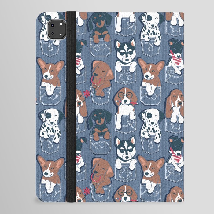 Pure love pockets I // denim blue background Dachshund Beagle Dalmatian Basset Hound Labrador Retriever Husky Welsh Corgi and Italian Greyhound dog puppies iPad Folio Case