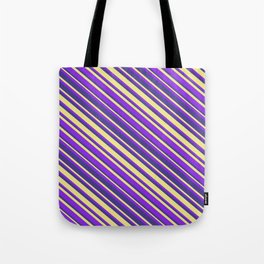 [ Thumbnail: Purple, Dark Slate Blue, and Tan Colored Striped Pattern Tote Bag ]