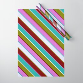 [ Thumbnail: Eyecatching Lavender, Green, Maroon, Orchid & Light Sea Green Colored Pattern of Stripes Wrapping Paper ]